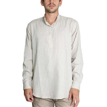 Camisa a rayas cuello mao con mezcla en lino